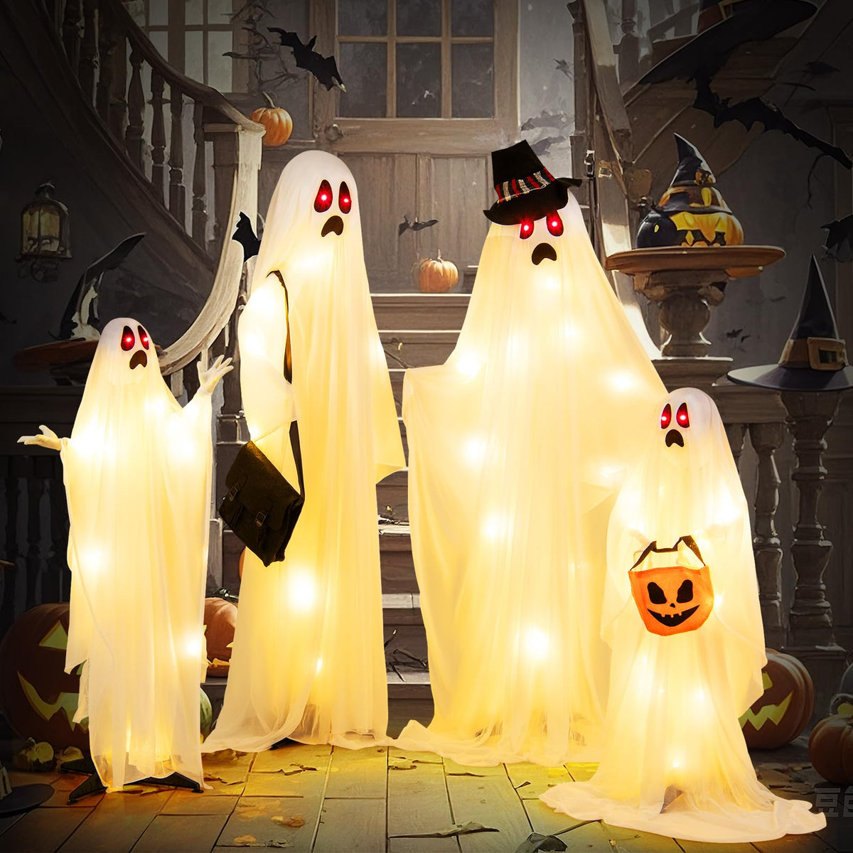 Lucktree Halloween Light Up Family Ghosts, 4 PCS LED Glowing Halloween Ghosts