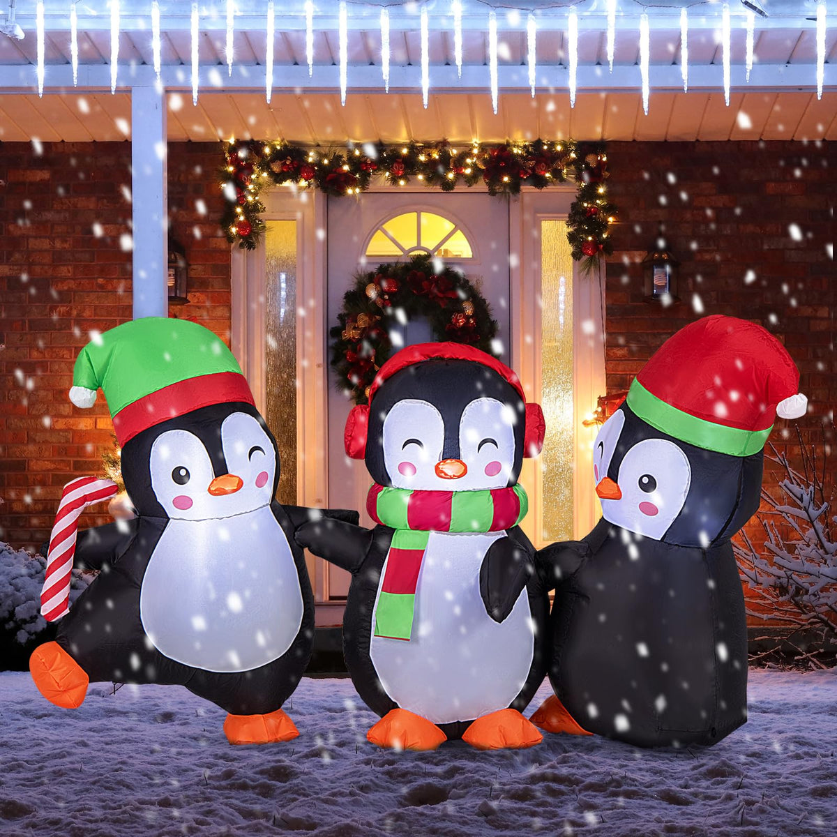 Lucktree 6FT Christmas Inflatables, LED Lighted Xmas Inflatable Penguin Family Hand in Hand