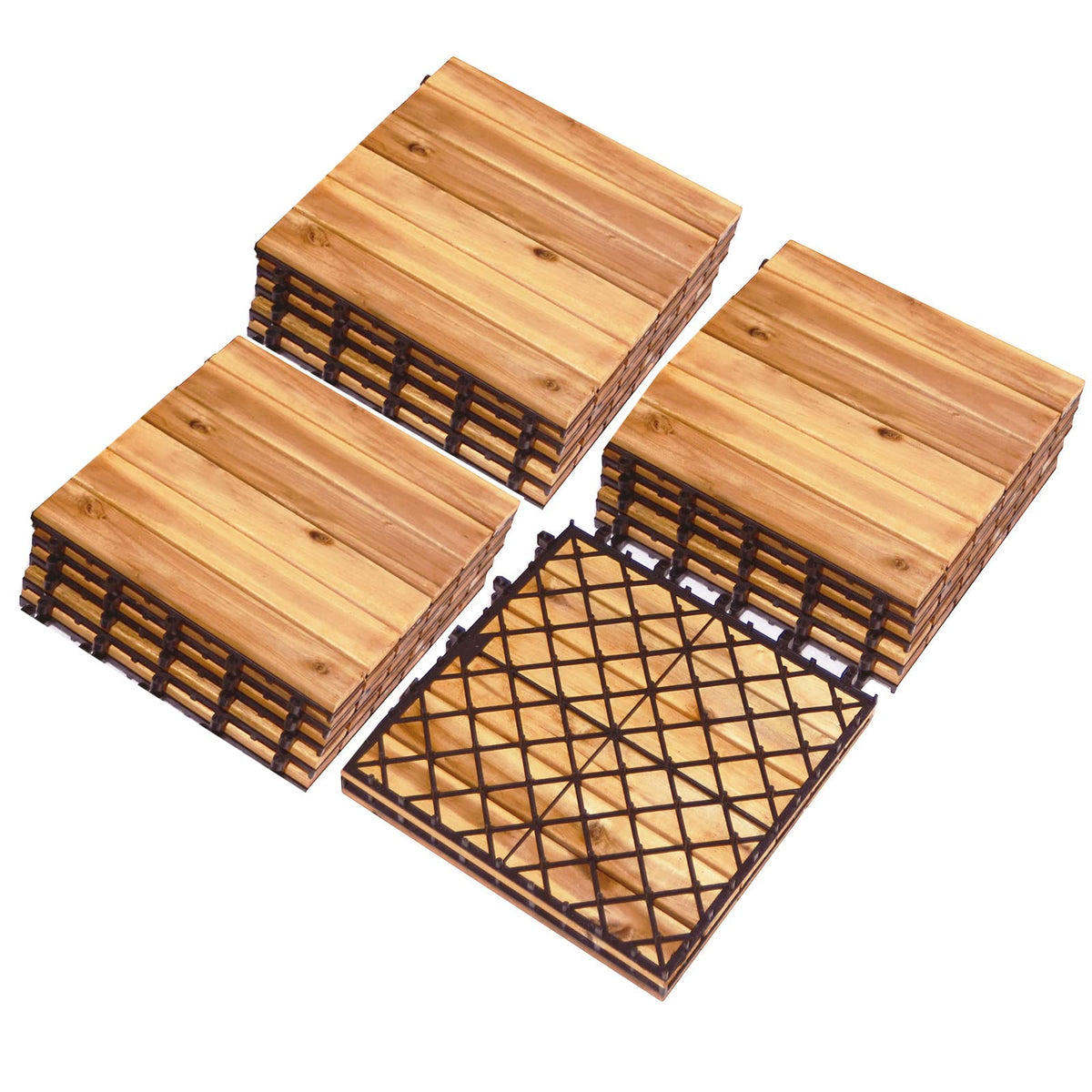 Lucktree 27 PCS Interlocking Patio Deck Tiles, 12 x 12in Acacia Hardwood Floor Tiles, Tools Free Assembly