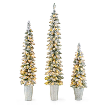 Lucktree 3' 4' 5' Pre-Lit Snow Flocked Christmas Tree Set of 3, Slim Pencil Artificial Potted Xmas Trees with 423 Branch Tips