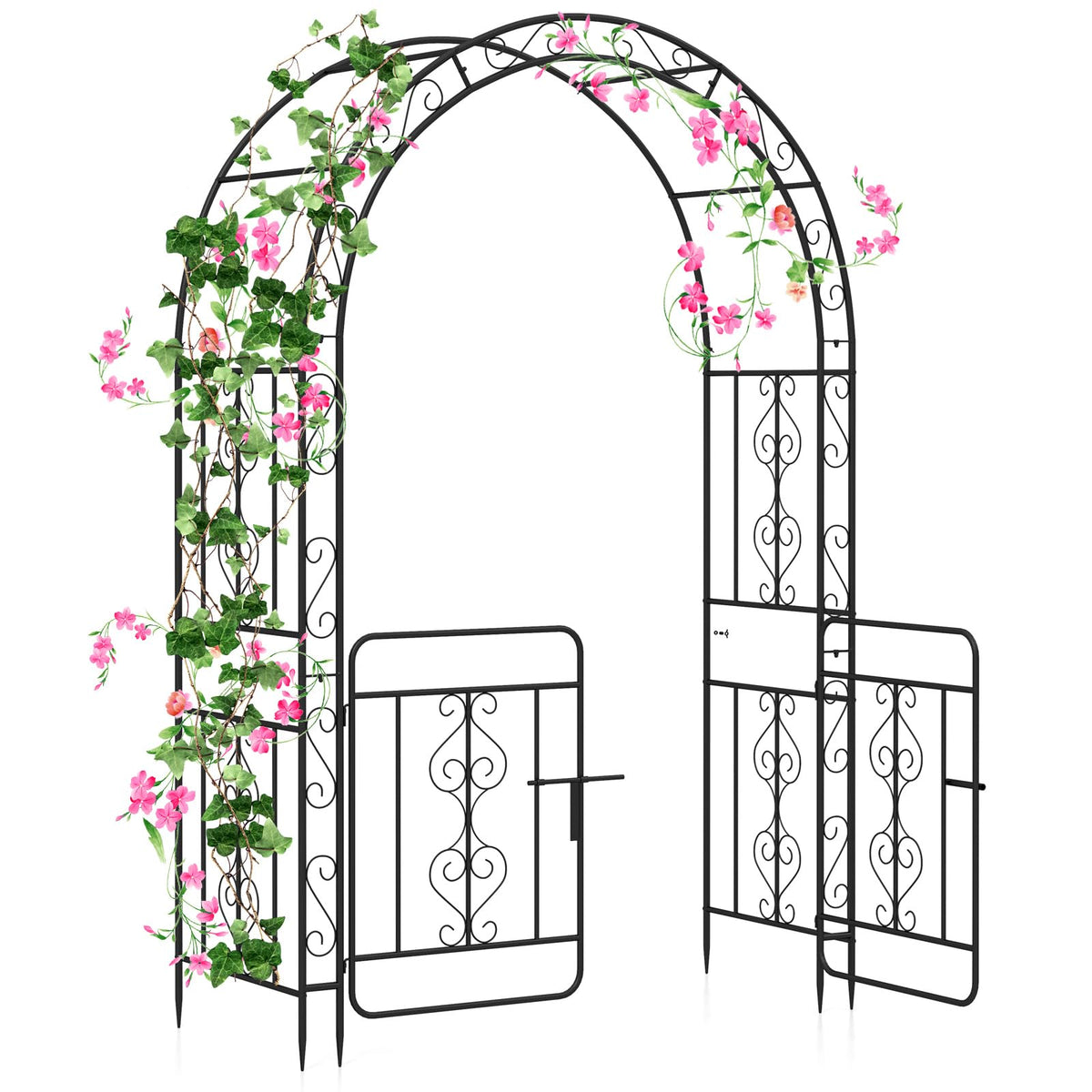 Lucktree Garden Arbor with Gate, 84" H x 54" W Metal Arch Trellis for Climbing Plants Rose Vines