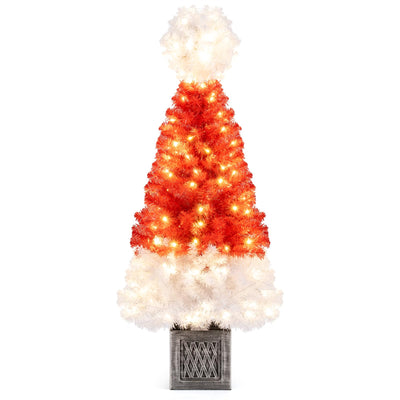 Lucktree 4 FT Pre-Lit Christmas Tree for Entrances, Artificial Potted Santa Hat Xmas Tree with 300 Branch Tips