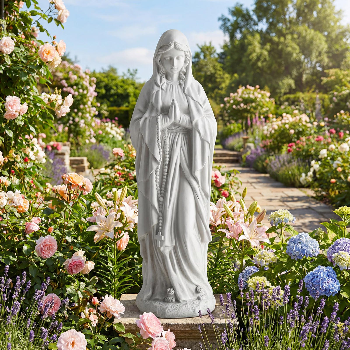 Lucktree Virgin Mary Praying Statue 29.5" | Blessed Mother Outdoor Religious Statue with Rosary Beads
