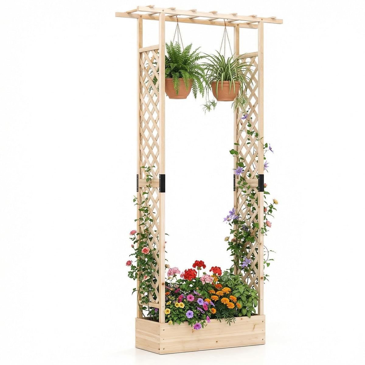 Lucktree Wooden Raised Garden Bed with Trellis & Hanging Roof
