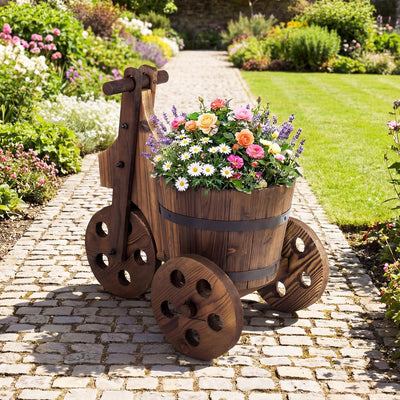 Lucktree Wooden Wagon Planter with Wheels Rustic Wood Plant Stand(Solid Wheel)
