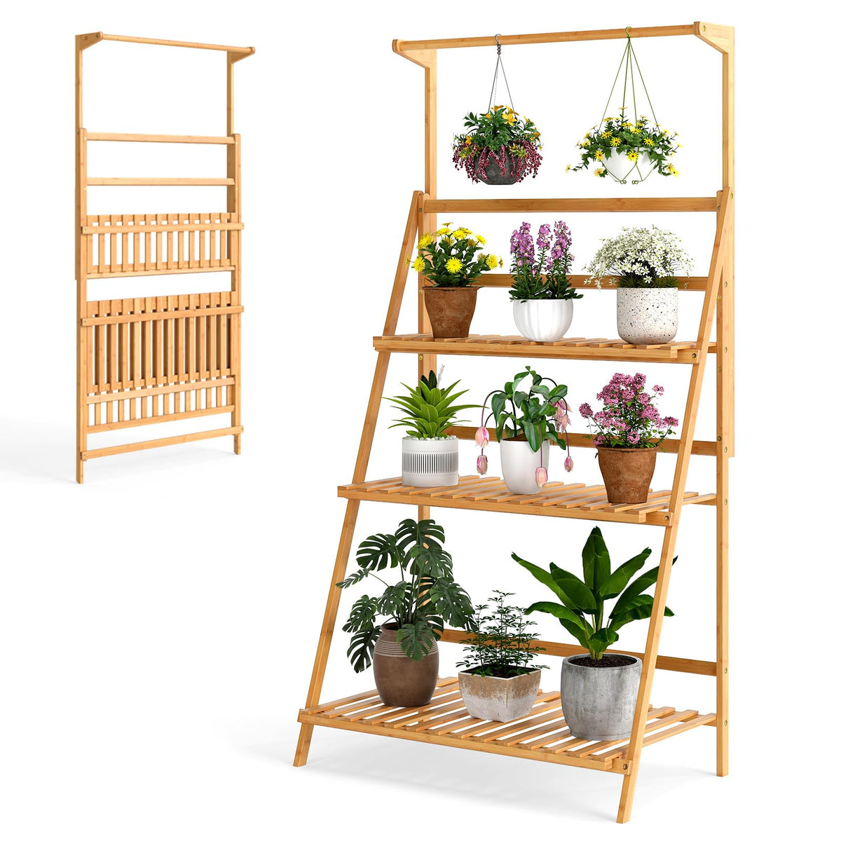 Lucktree Plant Stand Indoor Outdoor - Bamboo 3-Tier Hanging Tall Ladder Flower Pot Display Organizer Rack