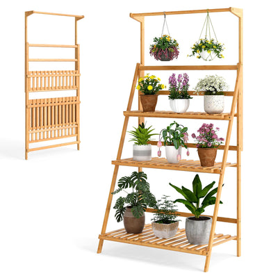 Lucktree Plant Stand Indoor Outdoor - Bamboo 3-Tier Hanging Tall Ladder Flower Pot Display Organizer Rack