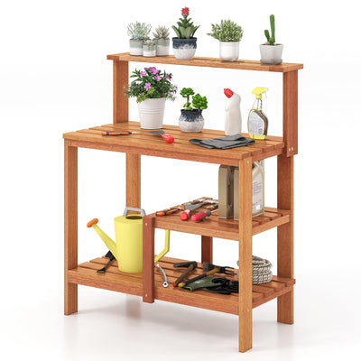 Lucktree 4-Tier Potting Bench, Solid Wood Gardening Workstation w/Open Storage Shelves