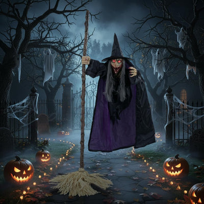Lucktree 6.6 FT Halloween Animatronics Flying Witch on Broom Decorations