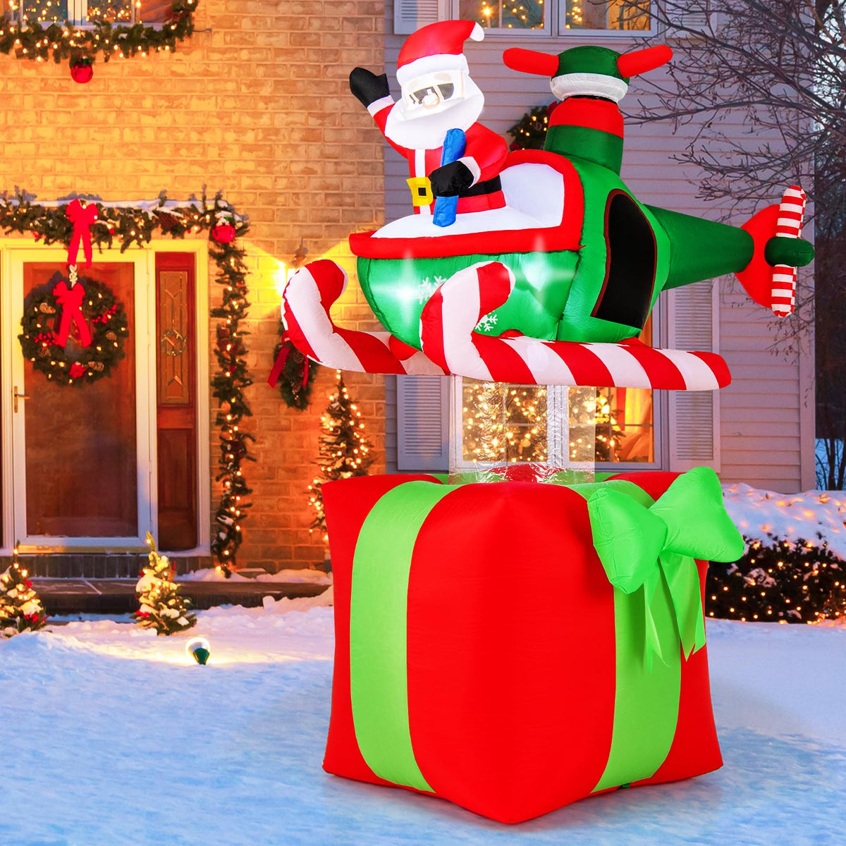 Lucktree 6 FT Christmas Inflatable Santa Claus Flying Helicopter on Gift Box