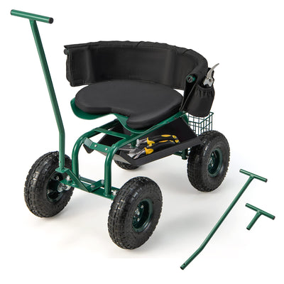 Lucktree Garden Cart, Rolling Workseat with 4 Wheels, Tool Tray, Removable Cushion, Storage Basket