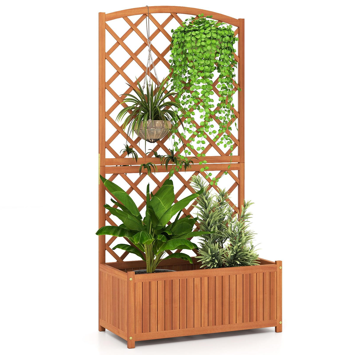 Lucktree Solid Acacia Wood Planter Box with Trellis 63" Raised Garden Bed with Trellis