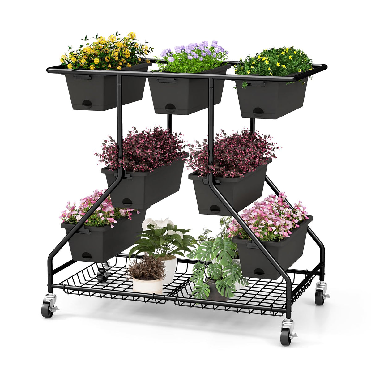 Lucktree Rolling Raised Garden Bed w/ 7 Planter Boxes, Storage Baskets, Drainage Holes