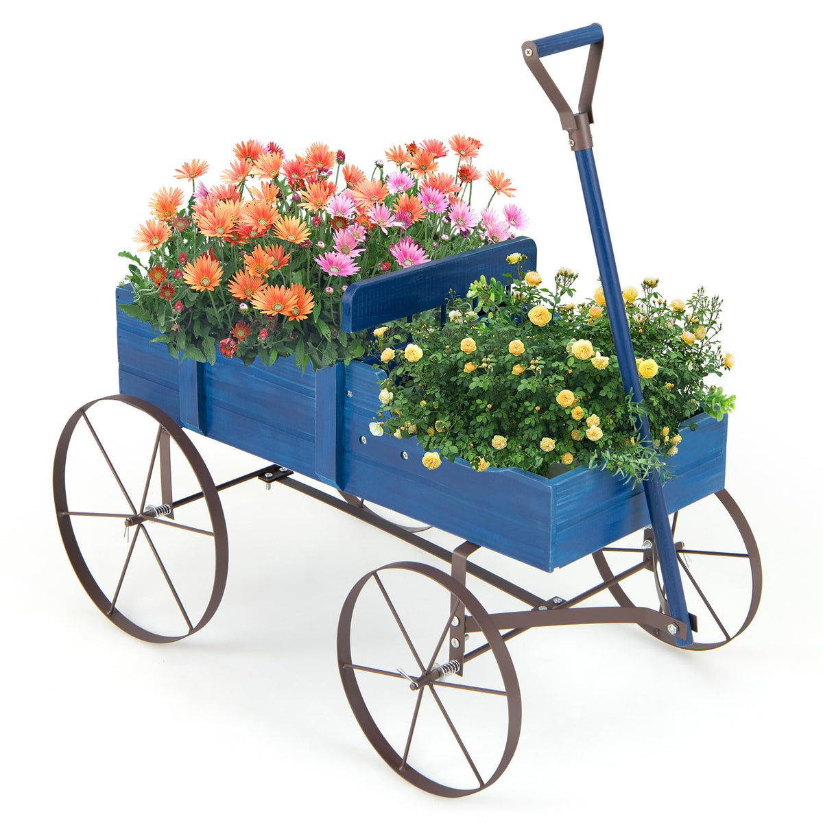 Lucktree Decorative Garden Planter, Small Wagon Cart with Metal Wheels, Wood Raised Beds Plant Pot Stand for Backyard Garden Patio 24.5"x13.5"x24"