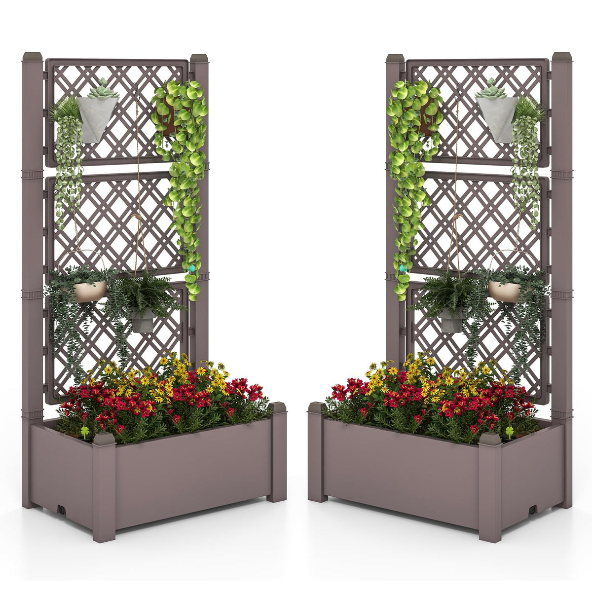Lucktree Raised Garden Bed with Trellis 59”, Self-Watering Planter Box with Water Level Indicator & Removable Space Dividers