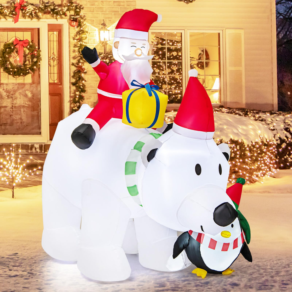 Lucktree 7FT Christmas Inflatables, LED Lighted Xmas Inflatable Polar Bear with Shaking Head, Santa & Penguin