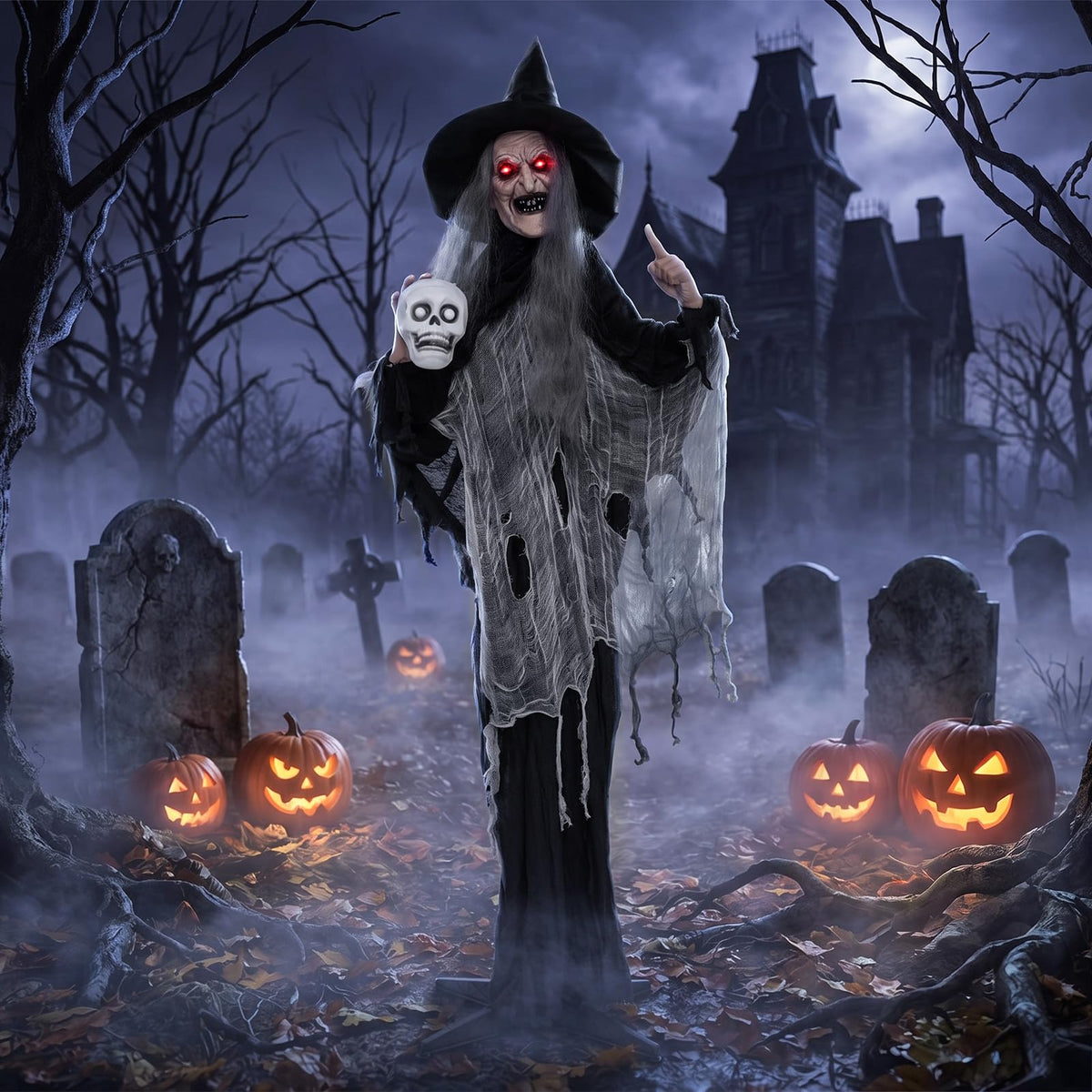 Lucktree 6.3 FT Animated Halloween Standing Talking Witch with Skull