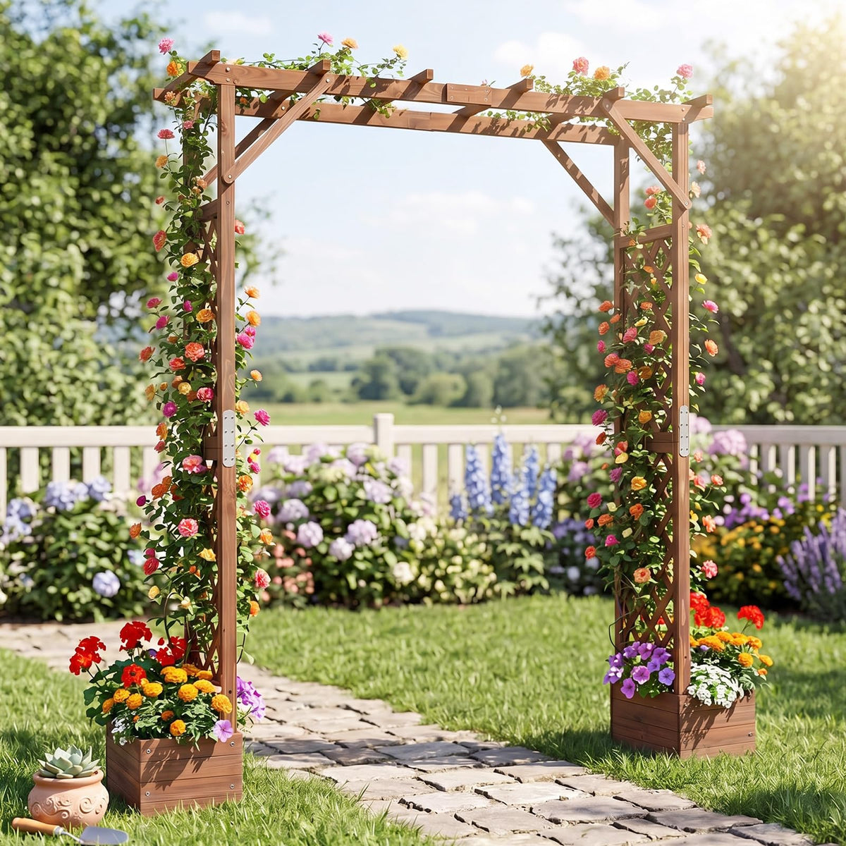 Lucktree 87in Tall Wooden Garden Arbor with Planter Boxes & Hanging Roof