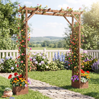 Lucktree 87in Tall Wooden Garden Arbor with Planter Boxes & Hanging Roof