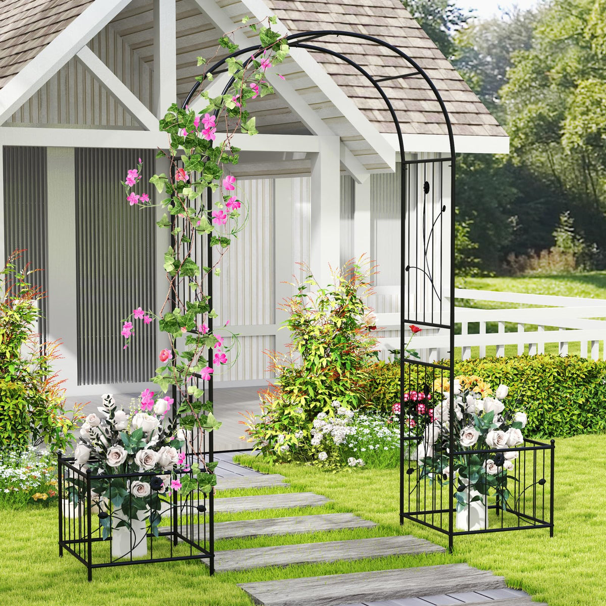 Lucktree Garden Arch Trellis with Planters, 86'' Metal Arbor Pergola for Climbing Plants Rose Clematis Vines