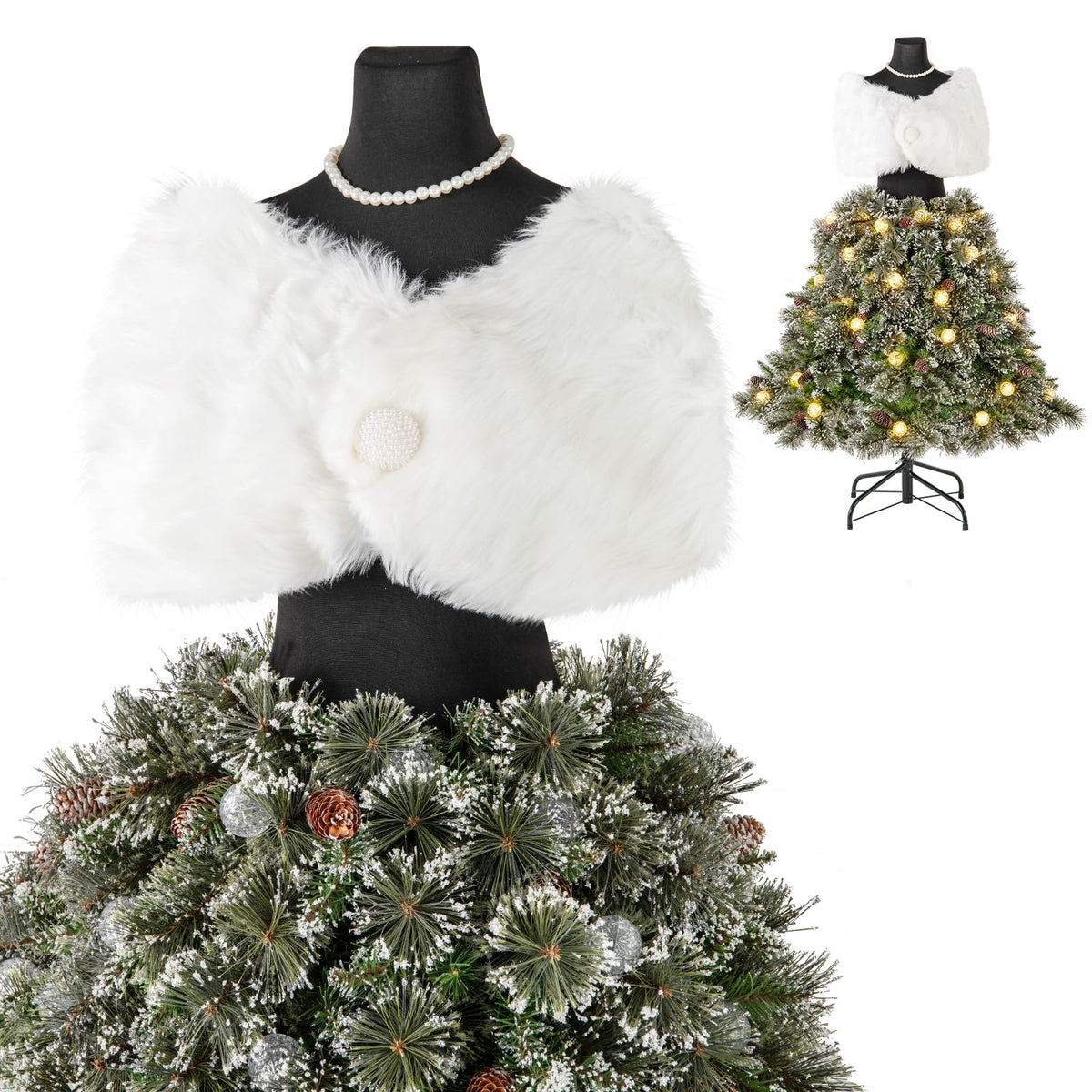 Lucktree 5ft Pre-Lit Dress Form Christmas Tree with Female Mannequin Torso Shawl Necklace