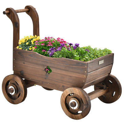 Lucktree Wooden Wagon Planter Raised Bed on Wheels, Handle, Drainage Hole