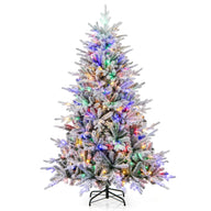 Lucktree 6ft Pre-Lit Snow Flocked Christmas Tree, Artificial Hinged Full Xmas Tree with 260 Multicolored LED Lights