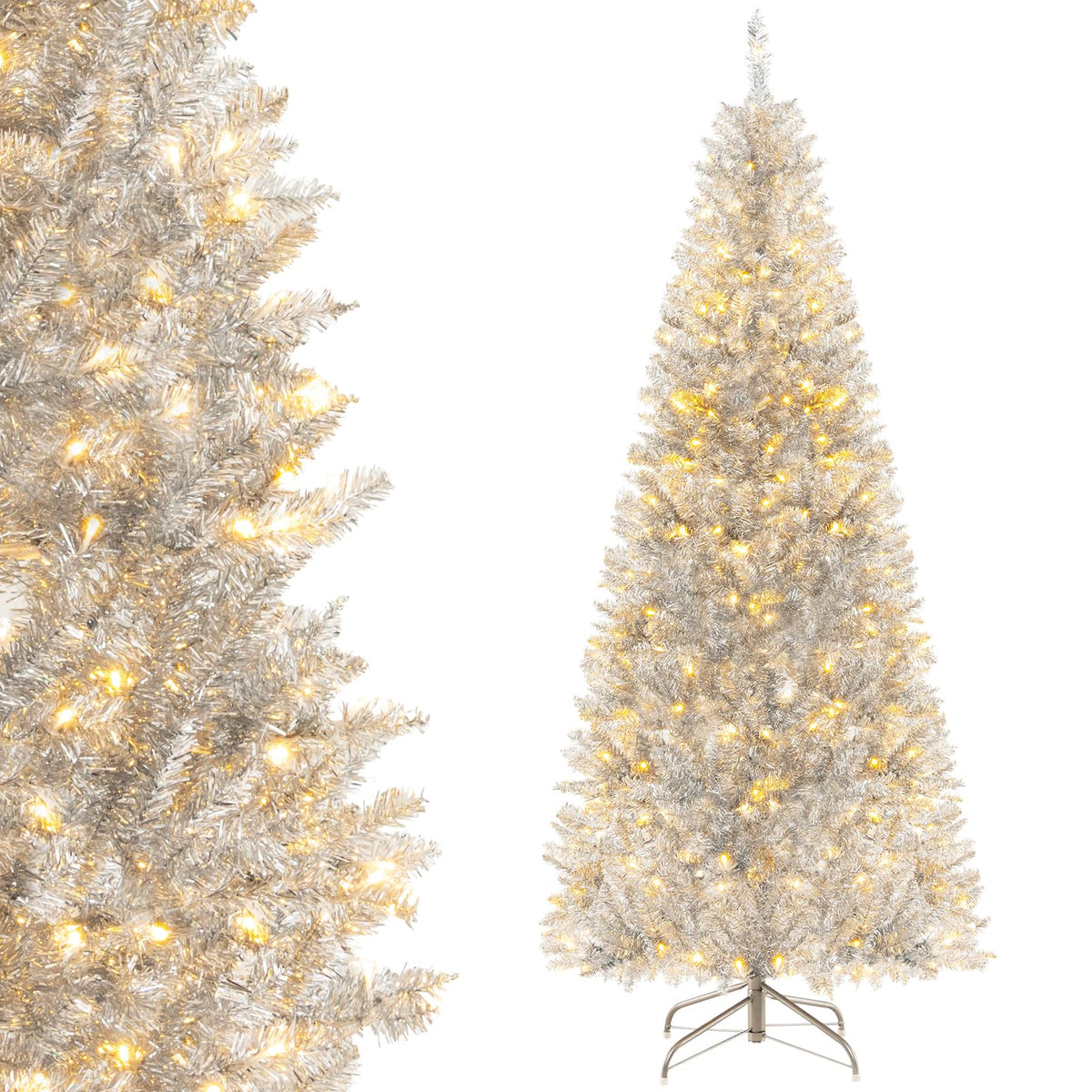 Lucktree 6ft Pre-lit Silver Pencil Christmas Tree, Artificial Tinsel Electroplated Tree, Decor for Home