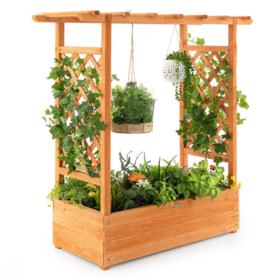 Lucktree Raised Garden Bed with Trellis, Wood Planter Box with Roof & Side Trellis, Drain Holes