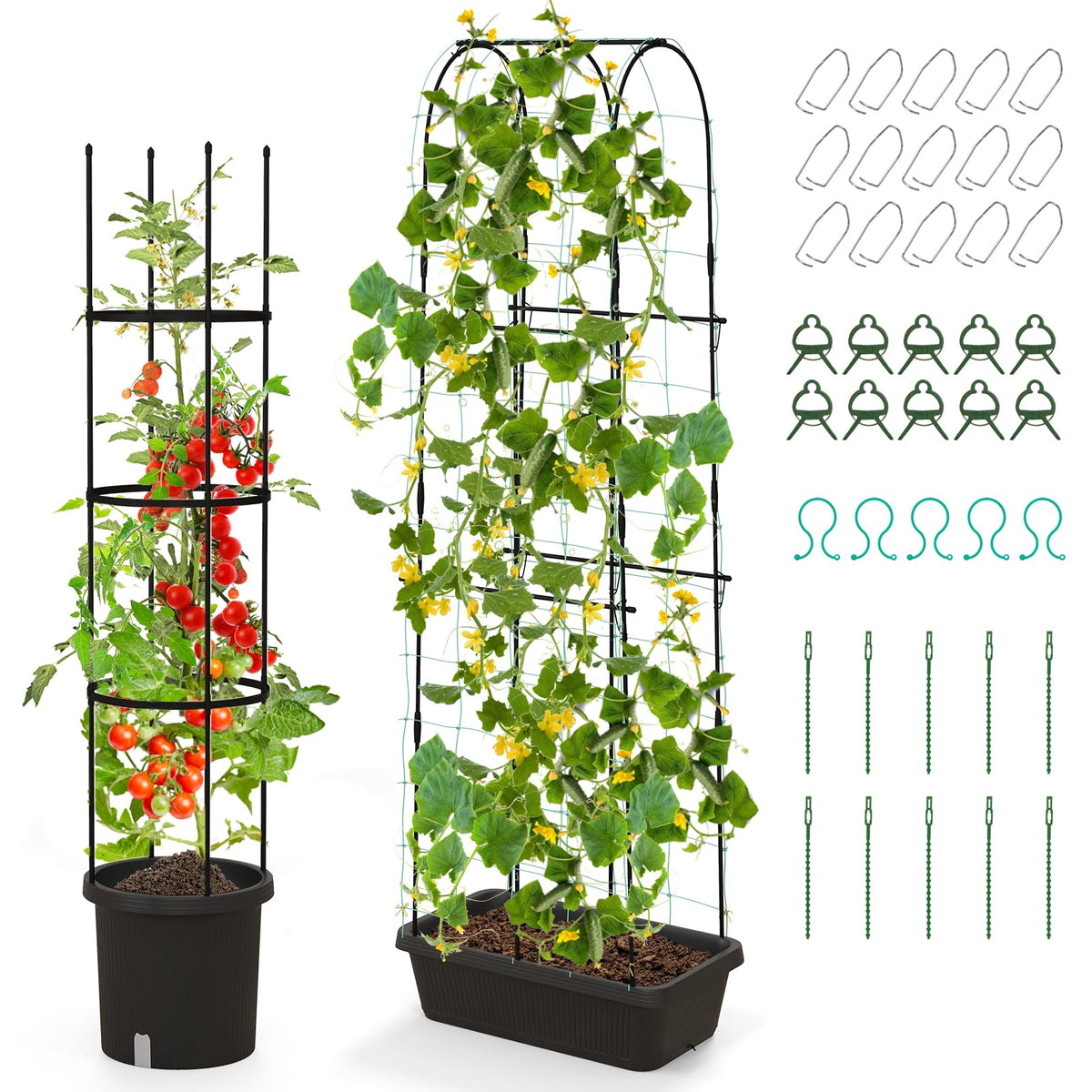 Lucktree Set of 2 Raised Garden Bed w/Trellis & Plant Cage, Planter Box w/ 71” Cucumber Trellis