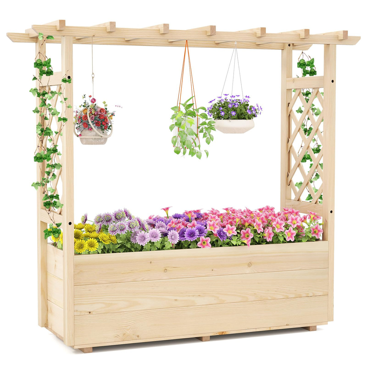 Lucktree Raised Garden Bed with Sided Trellis and Hanging Roof
