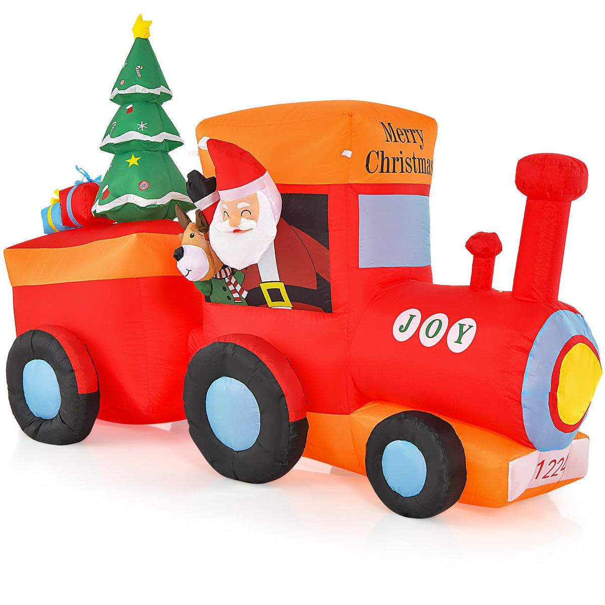 Lucktree 8.6 FT Lighted Christmas Inflatable Santa Claus on Train with Deer & Christmas Tree