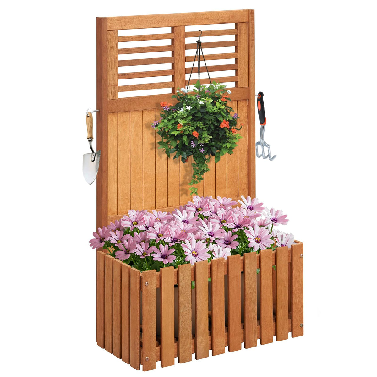 Lucktree Set of 1/2 Raised Garden Bed with Trellis, 41” Wooden Potted Plant Box w/Privacy Screen