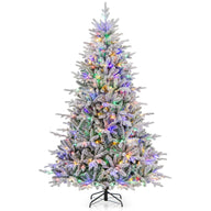 Lucktree 7ft Pre-Lit Snow Flocked Christmas Tree, Artificial Hinged Full Xmas Tree with 350 Multicolored LED Lights