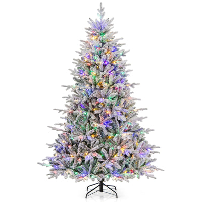 Lucktree 7ft Pre-Lit Snow Flocked Christmas Tree, Artificial Hinged Full Xmas Tree with 350 Multicolored LED Lights