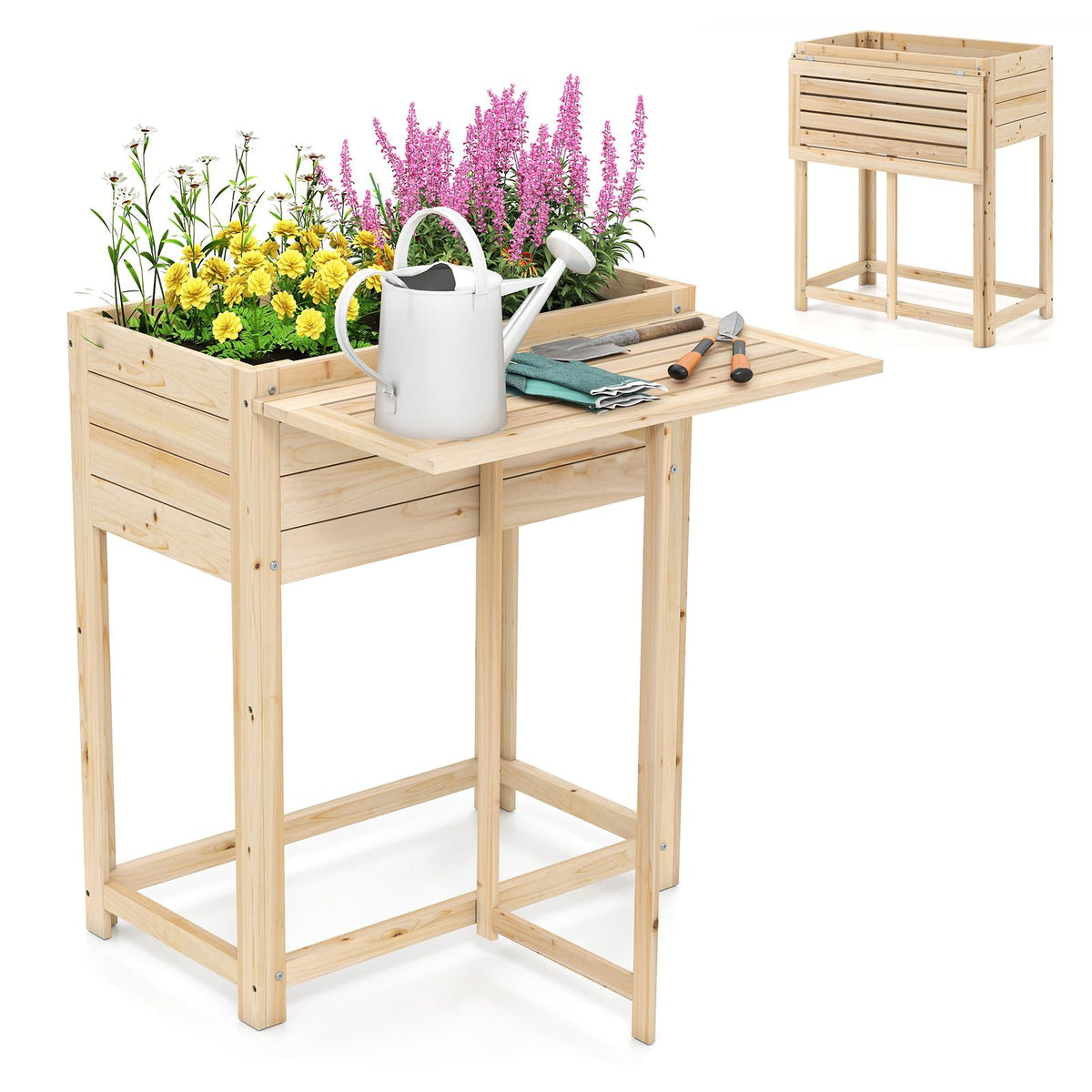 Lucktree Wood Raised Garden Bed w/Folding Drop-Leaf Potting Table