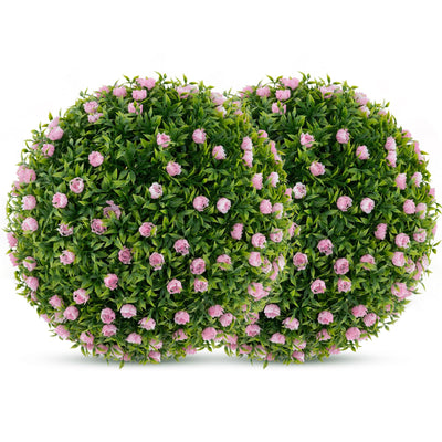 Lucktree 17.5 Inch Topiary Balls Artificial Outdoor Set of 2, Faux Greenery Balls with Pink Flowers