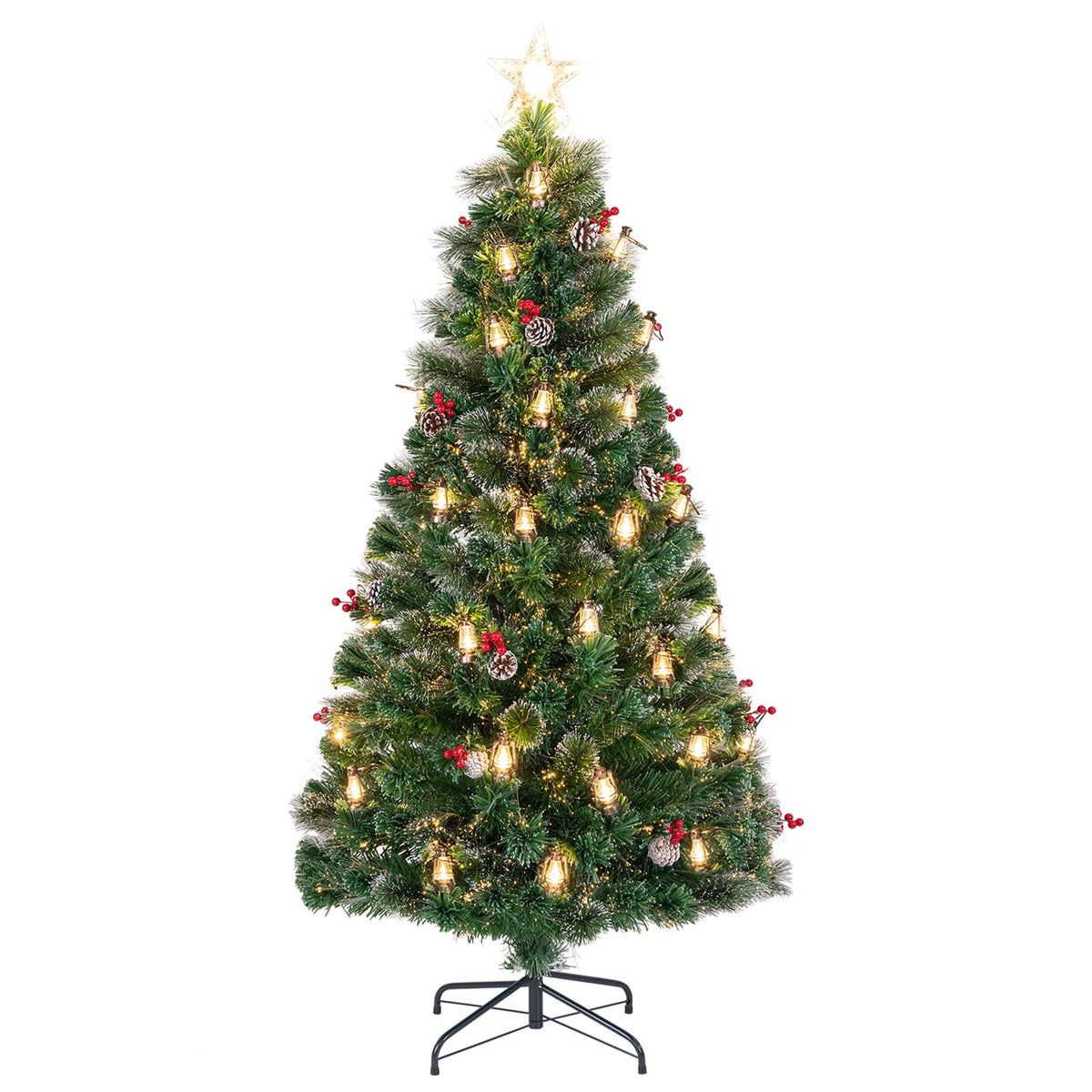 Lucktree Pre-Lit Fiber Optic Christmas Tree, Artificial Snowy Xmas Tree with Warm White LED Lights