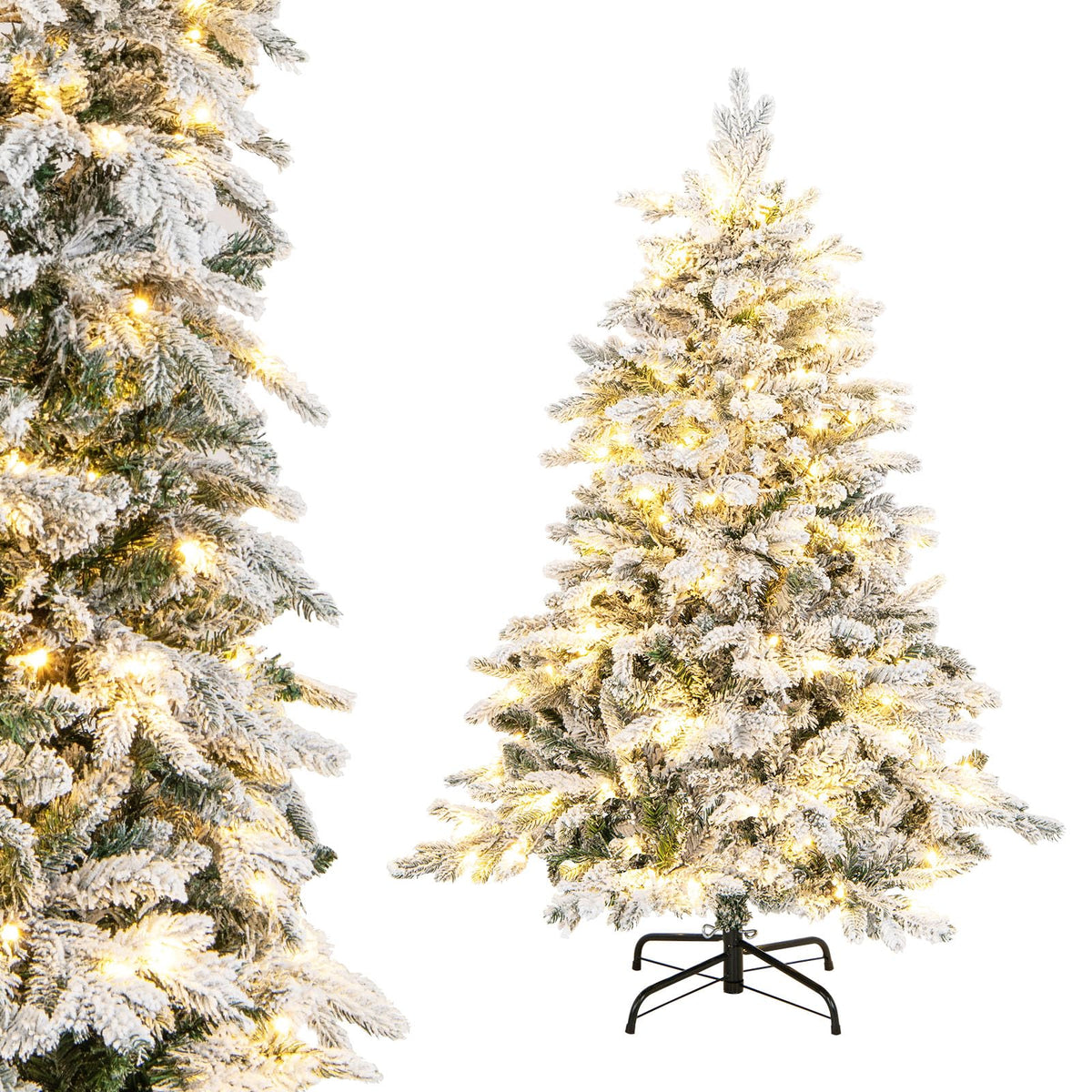 Lucktree Pre-Lit Snow Flocked Christmas Tree, Artificial Hinged Xmas Tree with Branch Tips, PE & PVC Mixed Leaves