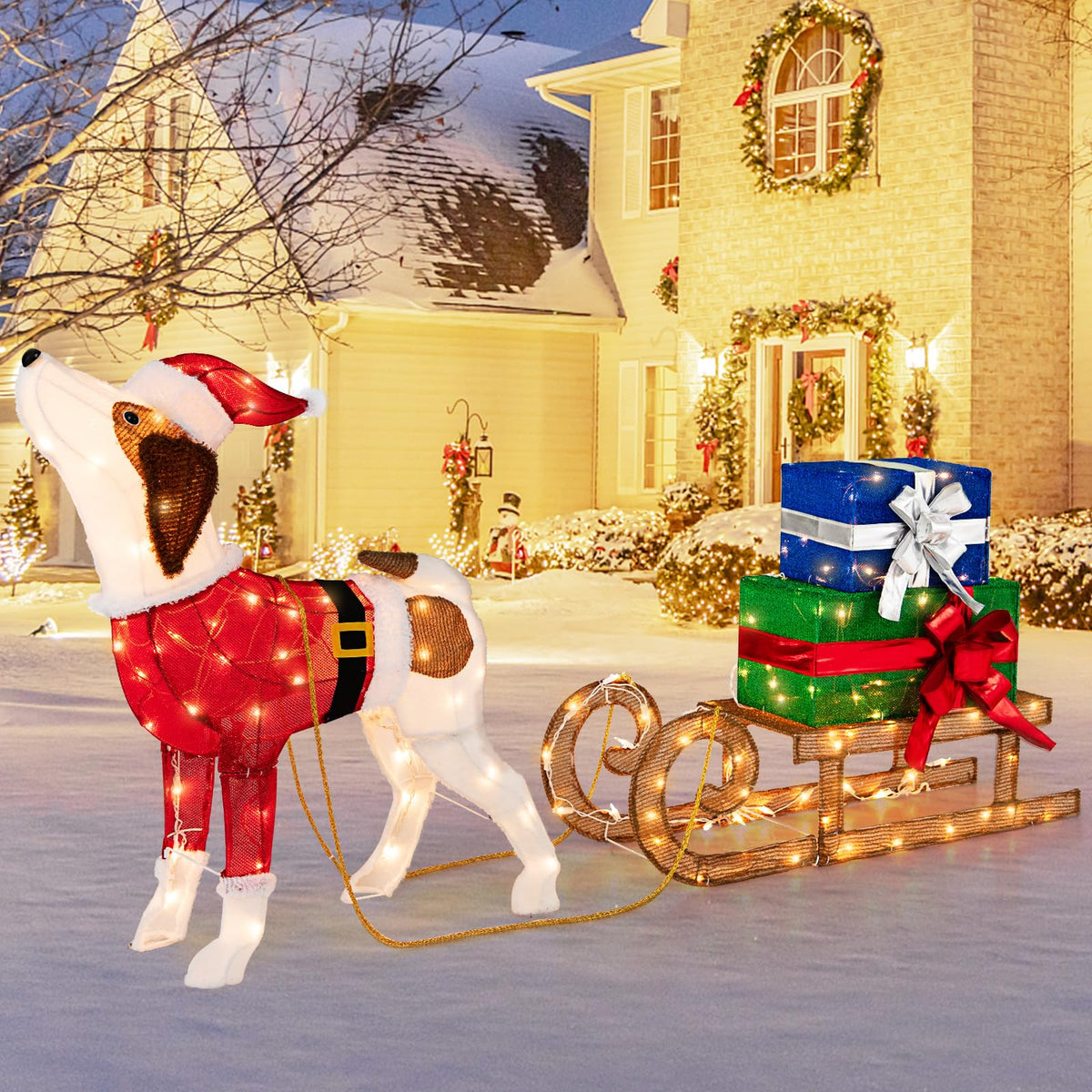 Lucktree Lighted Christmas Dog with Sleigh & Gift Boxes Combo Decorations
