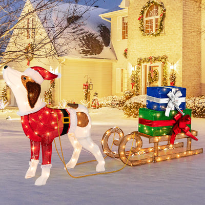 Lucktree Lighted Christmas Dog with Sleigh & Gift Boxes Combo Decorations