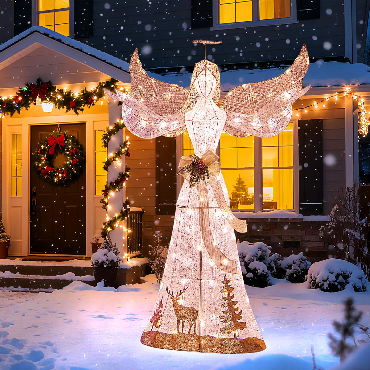 Lucktree Pre-lit 3D Glittered Angel with 100 Warm White Lights Halo Bow Ground Stakes