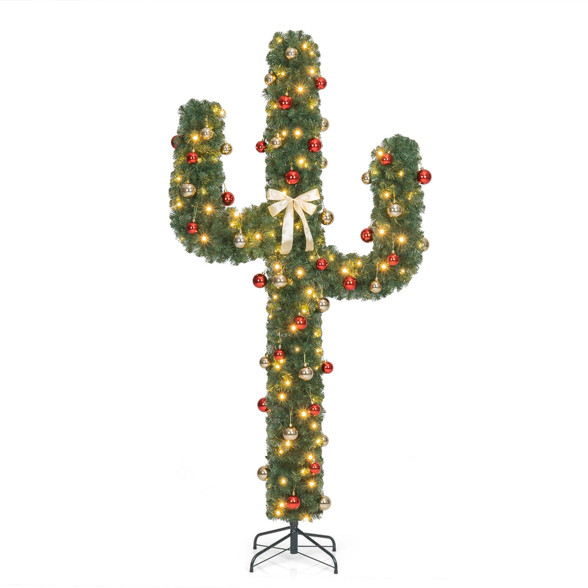 6ft Pre-Lit Artificial Cactus Christmas Tree with Sturdy Metal Stand, Artificial Xmas Tree with 90 LED Lights and Bowknot, Perfect for Home, Office, Shops and Hotels