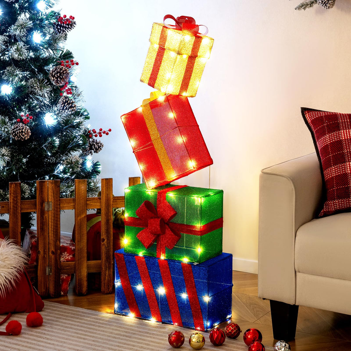 Lucktree Christmas Lighted Gift Boxes Set of 4 | Light Up Present Boxes with Colorful Bows