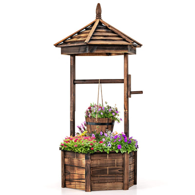 Lucktree Rustic Wooden Wishing Well Planter with Hanging Bucket, Roof Shadow