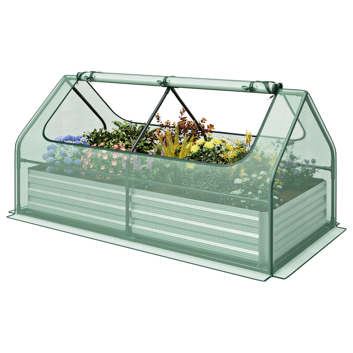 Lucktree Galvanized Steel Raised Garden Bed with Mini Greenhouse, Outdoor Metal Planter Box Kit with Large Roll-up Cover