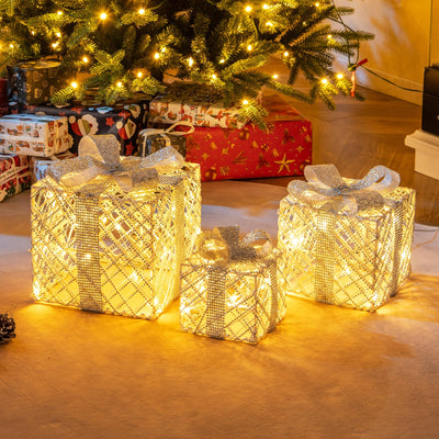 Lucktree Set of 3 Christmas Lighted Gift Boxes, 90 LED Light up Present Boxes with Bows