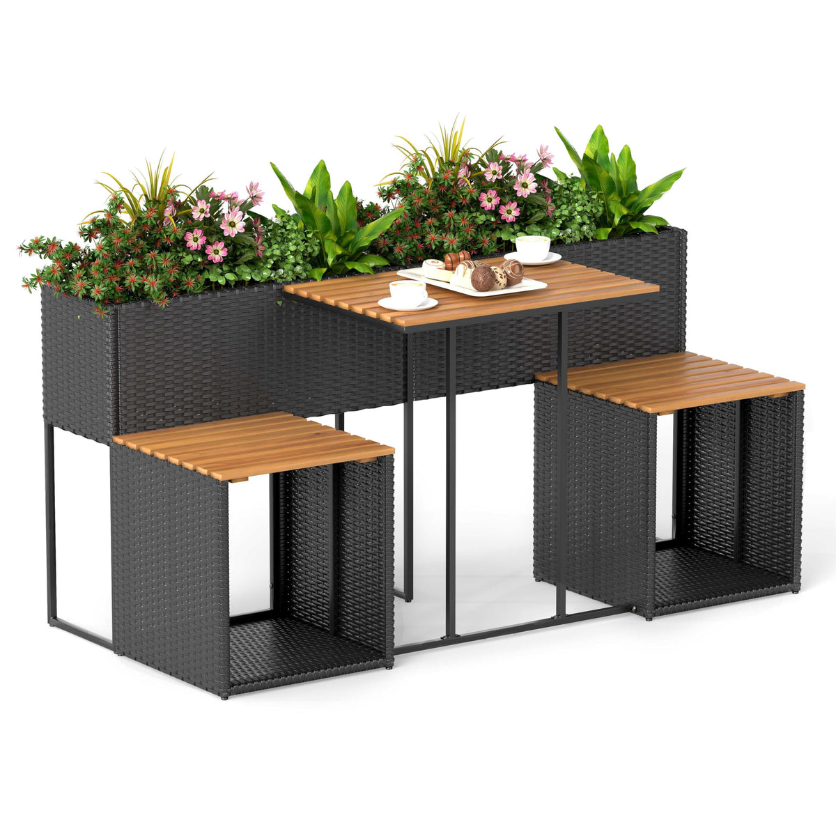 Lucktree PE Rattan Garden Planter Table with Built-in Chairs and Storage Space