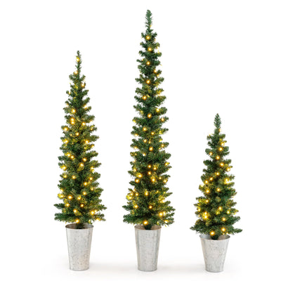 Lucktree 3' 4' 5' Pre-Lit Artificial Christmas Tree Set of 3, Slim Pencil Potted Xmas Tree with 423 Branch Tips, 230 Warm White LED Lights