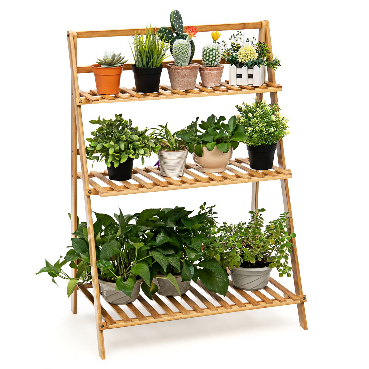 Lucktree 3 Tier Folding Storage Shelf, Bamboo Ladder Plant Stand